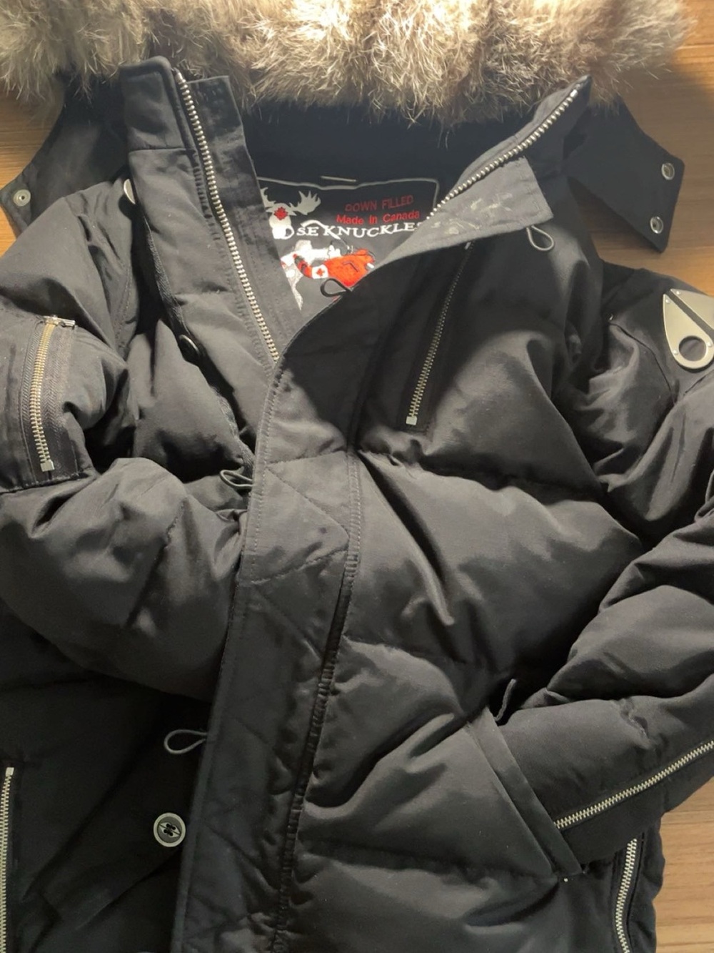 Moose Knuckles Men’s Black Down-Filled Parka with Fur Trim Hood
